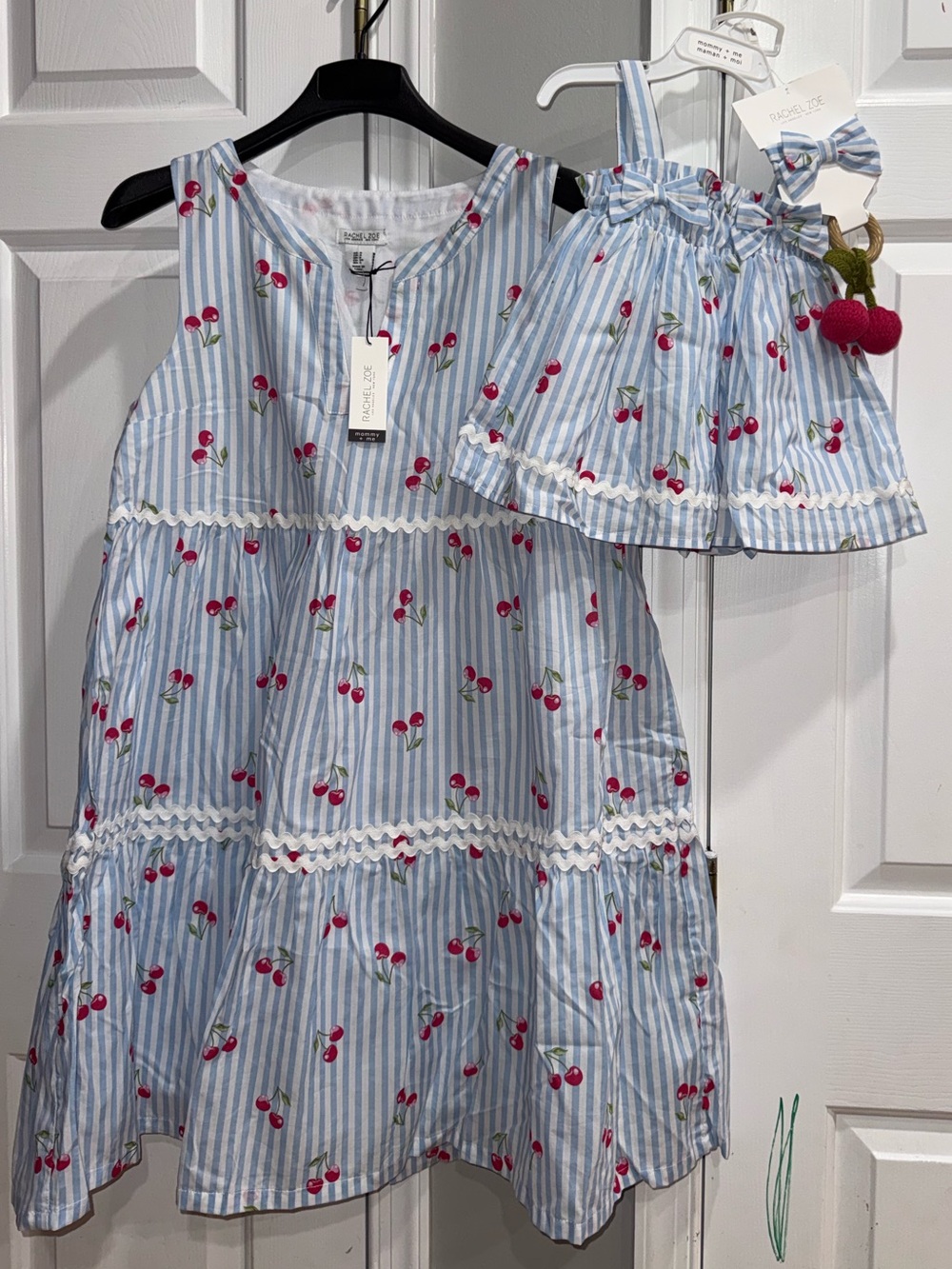 Rachel Zoe Light Blue Stripe Cherry-Print Mini Dress Mommy +Me Set Size 4/3-6M